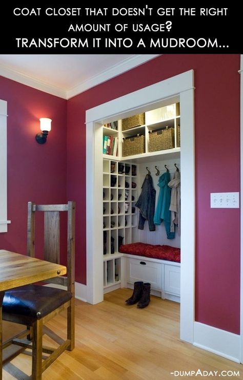 It all started earlier in the week when I stumbled across this on the internet. Now, let me just tell you that this is waaaaay elaborate and far more DIY than I am capable of or even want to contem… Closet Turned Mudroom, Closet Idea, Mudroom Closet, Front Closet, Entry Closet, Entryway Closet, Closet Renovation, Hall Closet, Coat Closet