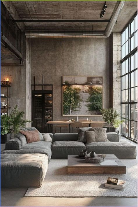 Industrial Eclectic Decor Living Room, Coffee Table Industrial Modern, Vintage Industrial Furniture Living Room, Industrial Modern Loft, Living Room Industrial Boho, Home Decor Ideas Industrial Modern, Urban Loft Apartment Modern, Contrasting Interior Design, Minimal Industrial Living Room