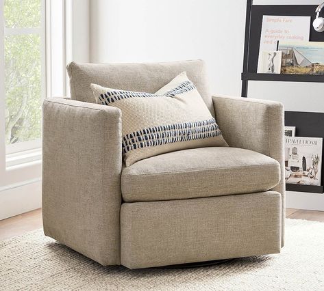 Menlo Upholstered Swivel Armchair | Pottery Barn Two Living Room Chairs, Swivel Chair Living Room, Swivel Recliner, Swivel Chairs, Swivel Accent Chair, Arm Chairs Living Room, The Chair, Swivel Armchair, Upholstered Arm Chair