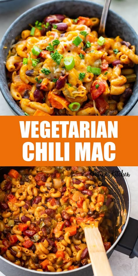 Veggie Chili Mac, Low Ingredient Vegetarian Recipes, One Pot Vegetarian Chili Mac, Vegaterian Chilli, Vegetarian Chili Mac And Cheese, Single Serve Vegetarian Meals, Quick Veggie Dinners, Dinner Idea No Meat, Veggie One Pot Meals