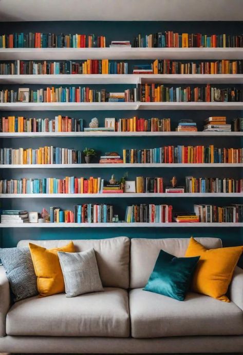 29 Creative Above the Couch Decor Ideas to Transform Your Living Room 19 Bookshelves Above Couch, Shelves Above Sofa, Shelves Behind Couch, Bookshelves Ideas For Bedroom, Bookshelf Ideas Living Room, Above The Couch Decor, Wall Bookshelf Ideas, Wall Art Shelves, Couch Decor Ideas