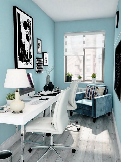 Turquoise Home Office, Reseller Office, White Desk Furniture, Light Blue Office, Turquoise Office, Teal Office, Light Blue Living Room, Studio In Casa, Blue Home Offices