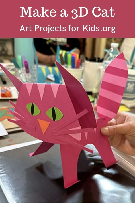 Learn how to make a 3D paper cat and add a little lesson in sculpture too!  Learning how to make a 3D paper cat needn’t be a tricky thing to do.   This paper craft pattern and directions have been polished over many years to make this an easy project for all ages. 3d Art Projects For Kindergarten, 3d Kindergarten Art Projects, 3d Art For Kindergarten, 3d Cat Craft, 3d Elementary Art Projects, 3d Art Projects For Elementary Students, Projects For 3rd Graders, 3d Craft Ideas, Collaborative Mural