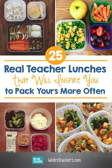 25 Real Teacher Lunches That Will Inspire You to Pack Yours More Often Quick And Easy Teacher Lunches, Easy Meals For Teachers Lunch Ideas, Quick Teacher Lunch Ideas, School Lunch Ideas Teachers, Quick To Eat Lunches, Teacher Lunch Ideas Meal Prep, Healthy School Lunches For Teachers, Healthy School Lunch Ideas For Teachers, Quick Lunch Prep Ideas