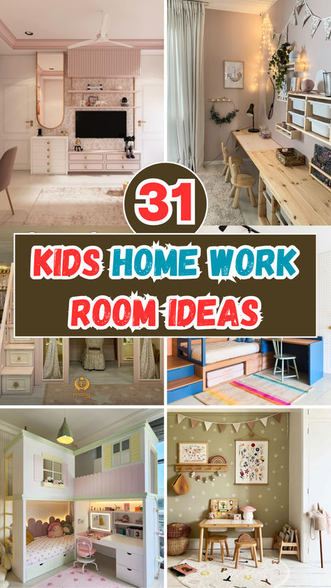 Looking to create the perfect homework space for your kids? Check out these 31 inspiring ideas for a fun, organized, and productive kids' homework room. From cozy study nooks to colorful, motivational setups, these ideas will make homework time a breeze! Teen Study Room Ideas, Homework Space For Kids, Office With Kids Area, Homework Room For Kids, Study Room Design For Kids, Play And Study Room Ideas, Built In Desk Kids Room, Playroom With Desk, Kids Desk Wall