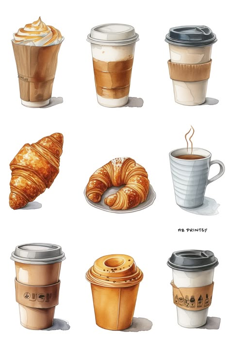 Coffee And Croissant Illustration, Cafe Food Illustration, Pastry Illustration Drawings, Coffee Cute Wallpaper, Cafe Food Drawing, Café Drawing, Coffee Aesthetic Drawing, Coffee Drawing Illustration, Coffee Drawing Aesthetic