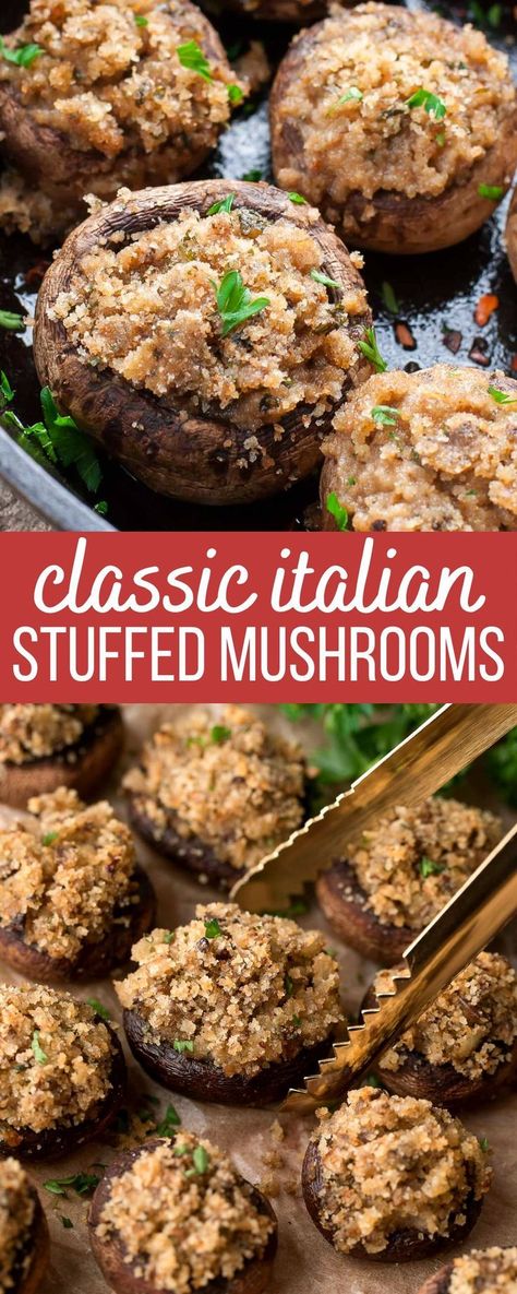 Classic Stuffed Mushrooms, Italian Stuffed Mushrooms, Baked Stuffed Mushrooms, Stuffed Mushrooms Vegetarian, Vegetarian Side Dish, Mushroom Side Dishes, Breadcrumb Topping, Stuffed Mushrooms Easy, Mushroom Recipes Healthy