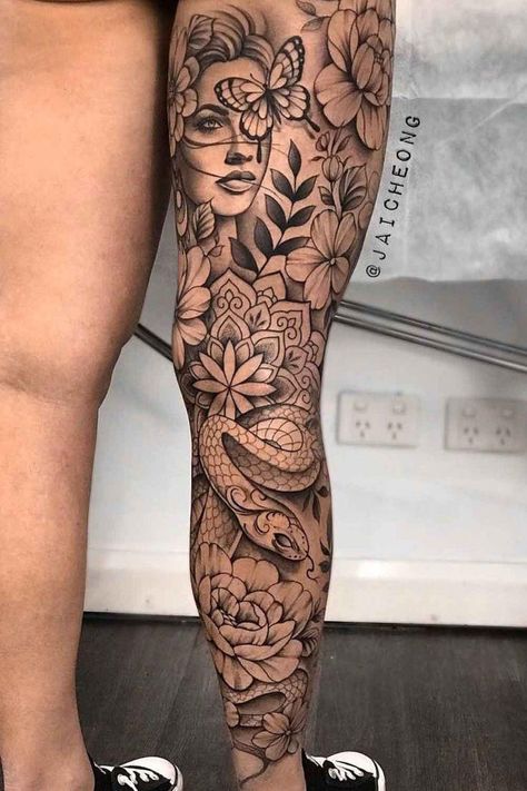 Women Full Leg Sleeve, Dark Feminine Leg Sleeve, Back Leg Sleeve Tattoo, Women Back Leg Tattoo, Female Full Leg Tattoos, Women With Leg Sleeves, Small Female Chest Tattoo Ideas, All Leg Tattoo, Back Of Your Arm Tattoo