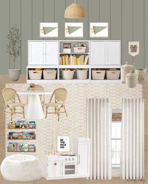 LivingLindsay's Playrooms Collection on LTK Natural Playroom Decor, Transitional Playroom, Living Room Playroom Combo, Dining Room Playroom Combo, Green Playroom, Big Kids Playroom, Modern Kids Playroom, Chunky Cable Knit Throw, Farmhouse Playroom