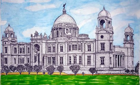 Kolkata artist creation.. Victoria Memorial Sketch, Victoria Memorial Kolkata Sketch, Kolkata Sketch, Design For Fabric Painting, Victoria Memorial Kolkata, Bengal Art, Theme Painting, Victoria Memorial, Indian Museum