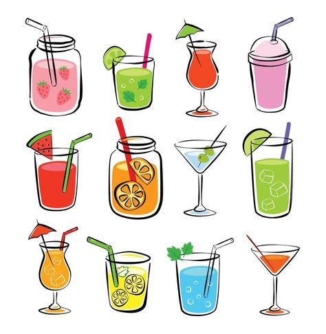 Cartoon Drinks Alcohol, Summer Drinks Illustration, Summer Drink Drawing, Cute Smoothie Drawing, Cold Drink Illustration, Drawing Of Drinks, Tropical Drink Tattoo, Cute Drinks Drawing, Food And Drink Illustration