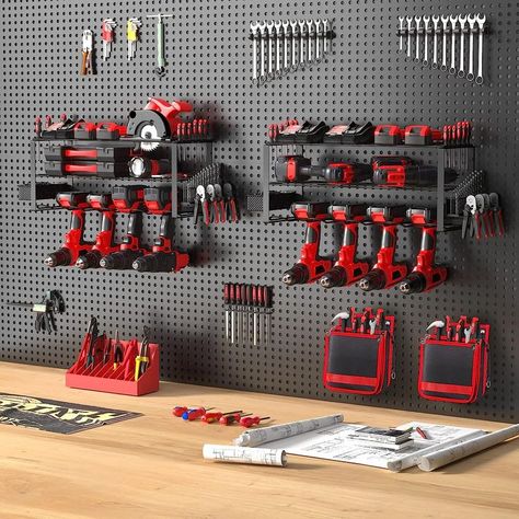 ✔️No Clutter, More Efficien t- HYSEYY power tool organizer store power and hand tools, drills, and so on, keeping them within reach. Turning a messy workbench into a neat and efficient place to work. Suitable for tool rooms, garages, warehouses, workshops. #garage #garageorganization #garagestorage #garagegoals #garageorganizers Tool Wall Storage, Tool Bag Organization, Tall Furniture, Power Tool Organizer, Garage Workshop Organization, Drill Holder, Garage Tool Organization, Tool Room, Engineering Tools