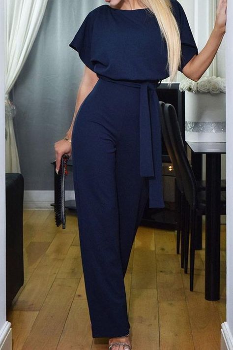 Lulunina Short Sleeve Knot Jumpsuit S / BLUE Weekend Dresses, Jumpsuit Elegant, Plus Size Jumpsuit, Looks Chic, Loose Shorts, Jumpsuit Fashion, Fashion Pattern, Casual Streetwear, Wide Leg Jumpsuit