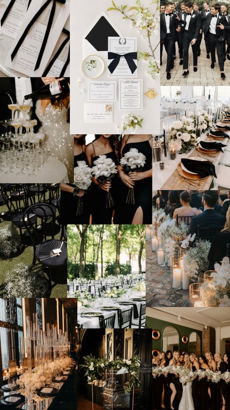 black tie wedding, classy, elegant, timeless Black White And Gold Winter Wedding, Diy Black Tie Wedding, Wedding Black Tie Theme, Black And White Wedding Accent Color, Black And Gray Wedding Party, Neutral Black Wedding, Neutral And Black Wedding Colors, Vintage Glamour Wedding Aesthetic, Black And White Affair Wedding