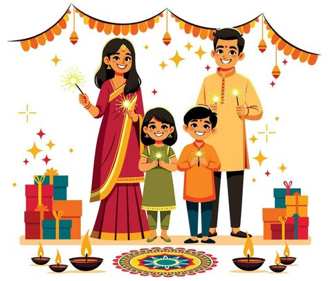 Indian Family Celebrating Diwali Diwali Celebration Illustration, Indian Family Illustration, Diwali Illustration Art, Diwali Celebration Drawing, Family Celebrating Diwali, Diwali Cartoon, Diwali Wishes In Marathi, Diwali Posters, Diwali Family