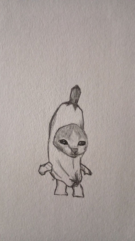 banana cat Random Small Sketches, Small Details For Drawings, Banana Cat Tattoo, Quick And Easy Sketches, Drawings For Small Sketchbook, High Cat Drawing, Cute Animal Sketches Doodles, Realism Tutorial Pencil, Funny Cat Drawings Art