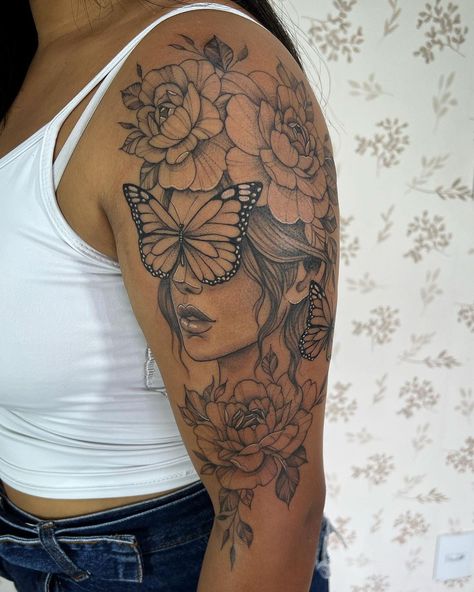 Women’s Sleeves Tattoos, Unique Sleeves Tattoos, Woman Unique Tattoos, Woman’s Half Sleeve Ideas, Womens Shoulder Sleeve Tattoo, Tattoo Ideas Female Tricep, Cute Women Sleeve Tattoo, Butterfly And Floral Tattoo Sleeve, Self Love Sleeve Tattoos For Women