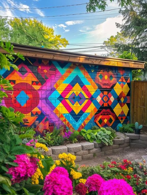 Garden Wall Mural Ideas, Backyard Block Wall Painting Ideas, Brick Wall Art Outdoor, Cinder Block Mural Ideas, Painting Brick Wall Backyard, Brick Wall Mural Outdoor, Outdoor Wall Mural Ideas, Concrete Blocks Ideas Landscaping, Diy Outdoor Mural