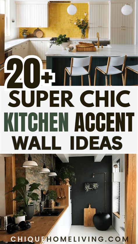 Elevate the style of your kitchen with these "20+ Super Chic Kitchen Accent Wall Ideas." Accent walls can add character, depth, and a touch of drama to your culinary space. Explore various design options to find the perfect accent for your kitchen. Feature Walls Kitchen, Small Accent Wall Kitchen, Kitchen Feature Wall Ideas Wallpaper, Peel And Stick Wallpaper Accent Walls Kitchen, Blank Wall In Kitchen Ideas, Kitchen Feature Wall Ideas, Kitchen Wallpaper Accent Wall, Kitchen Accent Wall Ideas, Above Kitchen Cabinets Ideas