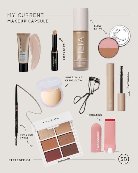 Makeup Capsule Collection, Capsule Makeup Bag, Minimal Travel Makeup, Minimal Makeup Kit, Capsule Makeup Collection, Minimalist Makeup Products, Minimal Makeup Collection, Minimalist Makeup Collection, Makeup Capsule