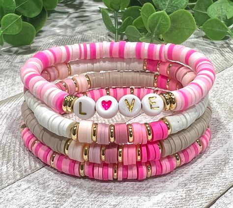 Valentine's Day Heishi Bead Bracelet Stack Personalized - Etsy Australia Pink Bead Bracelet, Bead Bracelet Stack, Clay Bead Ideas, Make Clay Beads, Heishi Bead Bracelet, Bead Bracelet Ideas, Clay Bead Necklace, Clay Bead Bracelets, Valentines Bracelets