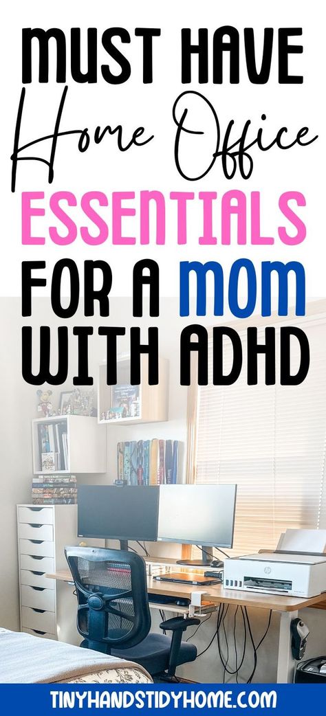 A desk with two computer monitors, office chair and a printer. The text over the image reads, "Must Have Home Office Essentials for a mom with ADHD". Wfh Organization, Five Below Office Decor, Working From Home Essentials, Office Productivity, Getting Organized At Work, Work From Home Accessories, Small Office Organization Home, Purple Home Office Ideas, Desktop Set Up