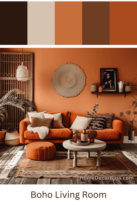 Earth-Tone Boho Living Room: Rust-Orange Sofa & Textured Decor Rustic Orange Home Decor, Terracotta Sofa Interior Design, Rust Walls Living Room, Burnt Sienna Living Room, Rust Interior Design, Earthy Colours Living Room, Terracotta Sitting Room, Rust Sofa Living Room Color Schemes, Brown Tone Living Room