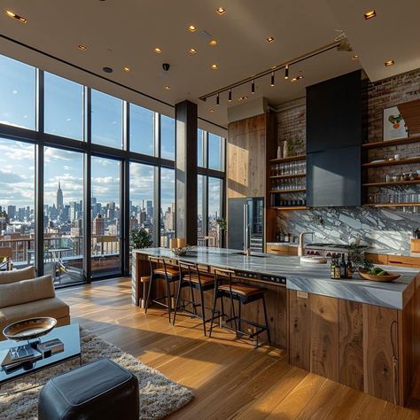 Nyc Penthouse Luxury Kitchen, Nyc Penthouse Kitchen, Room Desine, New York Apartment Interior, Apartamento New York, Appartement New York, Penthouse Aesthetic, Penthouse Kitchen, Loft Aesthetic