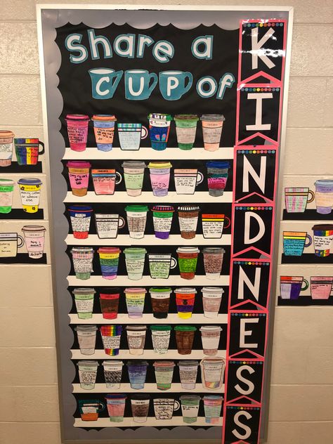 Cups Of Kindness Bulletin Board, Bulletin Ideas For School, Cup Of Pep Talk Bulletin Board, Kindness Week Bulletin Board, Kindness Display Classroom, Staff Room Bulletin Board Ideas, Bulletin Board Office Ideas, Work Poster Board Ideas, Bulletin Board Kindness