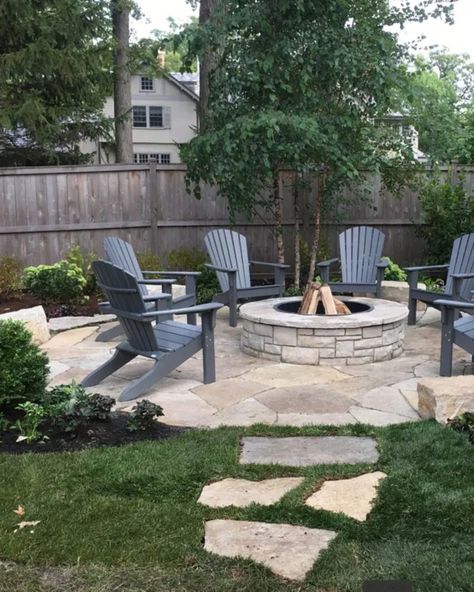 Paver Path To Fire Pit, Corner Firepits Backyard Ideas, Backyard Fire Pit With Pavers, Outdoor Fire Pit Pavers, Stone Patio And Fire Pit, Stepping Stone Fire Pit Area, Fire Pit With Landscaping, Paving Stone Fire Pit Area, Fire Pit With Stones Around