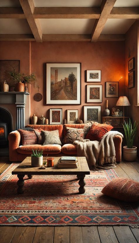 Terracotta Home Decor Living Rooms, Cozy Terracotta Living Room, Terracotta Family Room, Terracotta Cottage Living Room, Living Room Cozy Fireplace, Bohemian Wall Paint, Burnt Orange Feature Wall Living Rooms, Terracotta Sofa Living Room Ideas, Terra Cotta Accent Wall Living Room