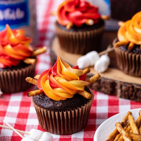 Campfire Cupcakes Recipe Bonfire Cake, Fire Cupcakes, Bonfire Birthday Party, Campfire Cupcakes, Campfire Cake, Bonfire Birthday, Camping Cakes, Camping Theme Birthday, Devils Food Cake Mix Recipe