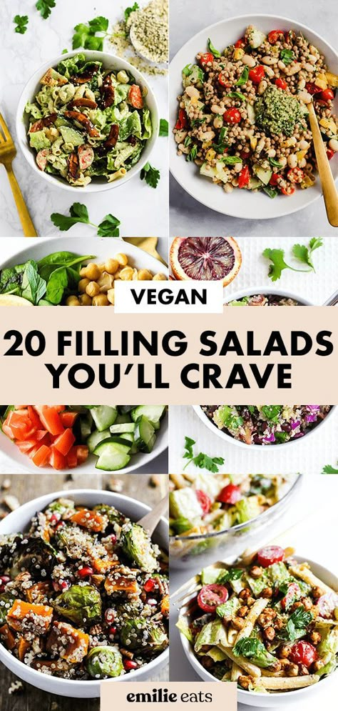 Say no to sad salads! These 20 filling salad recipes will keep you satisfied. All of these vegan salads are full of fresh flavors and healthy plant-based protein! Protein Salad Vegetarian, Best Vegan Salads, Protein Salad Recipes, Filling Salad Recipes, Low Calorie Vegan, Vegan Pasta Salad, Power Salad, Vegetarian Salad Recipes, Vegan Salads