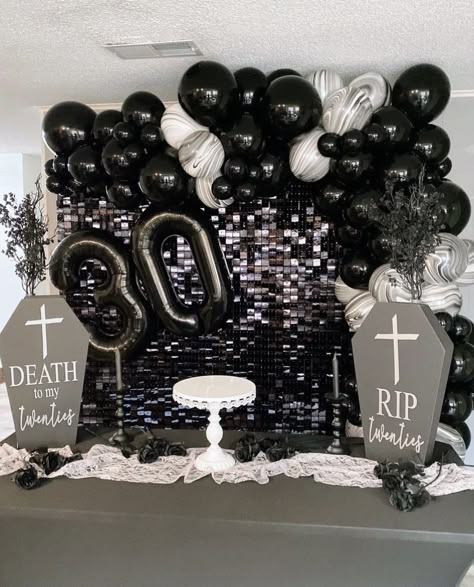 Rip To My 20s Party Backdrop, Rip To My 20s Party Decor Diy, Rip 30s Birthday Party Ideas, Rip 20s Decorations, Rip Themed Party, Rip 20s Birthday Centerpieces, Rip 30th Birthday Party, Rip 20s Birthday Theme, Rip Bday Party