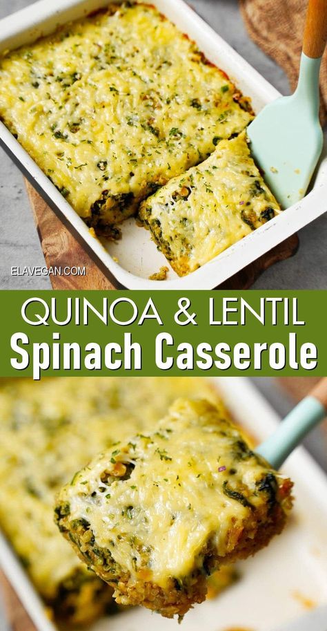 This spinach casserole with quinoa (or rice), lentils, and cheese is creamy, cheesy, and comforting, yet super wholesome and loaded with vitamins, minerals, fiber, and plant-based protein - perfect for serving with just about any meal! #spinachcasserole #quinoacasserole #lentilcasserole #vegancasserole #veganbake #elasrecipes | elavegan.com Casserole With Rice, Spinach Casserole Recipes, Vegan Casserole Recipes, Ella Vegan, Lentil Casserole, Rice Lentils, Lentils And Quinoa, Spinach Bake, Spinach Casserole