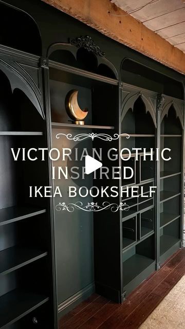 Gothic Home & Garden on Instagram: "Turning an IKEA bookshelf gothic by Danie Berger @diydanie #IKEA #gothic" Academia Bookshelf, Dark Academia Bookshelf, Boho Living Room Decor Ideas, Ikea Bookshelf, Dark Academia Home, Bookshelf Makeover, Billy Ikea, Ikea Bookshelves, Dark Home Decor