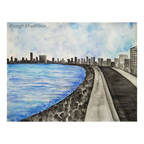 Mumbai water color painting Mumbai Meri Jaan Drawing, Mumbai Watercolor Painting, Mumbai Canvas Painting, Mumbai City Drawing, Marine Drive Mumbai Painting, Mumbai Drawing, Mumbai Painting, Everyday Painting, City Scape Painting