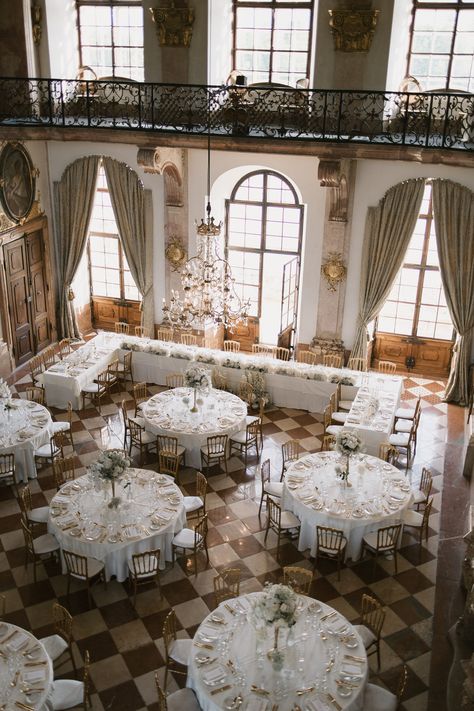 The historical ballroom of Leopoldskron Castle  - Wedding in Salzburg Historical Venue Wedding, Simple Wedding Venues Indoor, Sweden Wedding Venues, Crystal Ballroom Wedding, Ballroom Wedding Aesthetic, Small Ballroom Wedding, Wedding Ideas Castle, Castle Wedding Venue Europe, Wedding Locations Indoor