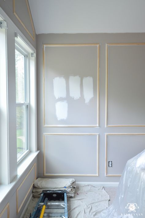 One Room Challenge- Week 2: Paneled Bedroom Walls and the Painting Begins! | Kelley Nan Paneled Bedroom, Wall Molding Living Room, Living Room Panelling, Wall Paneling Diy, Wall Panels Bedroom, Bed Design Modern, Bedroom Walls, Accent Wall Bedroom, Bedroom Panel