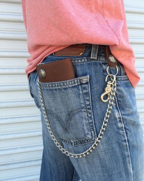 Mens Deluxe Biker Trifold Wallet, iPhone 5,5c,5s & 6 Carrier, Genuine Leather, 24" Chrome Chains, Key FOB, Biker Wallet, Trucker Wallet. Stile Punk Rock, Chain Pants, Trucker Wallet, Holding Pen, Wallet Chains, Pant Chains, Leather Inspiration, Leather Billfold, Biker Gear