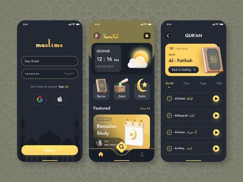 Muslim App - UI Mobile Design by Ru'ya Shadiqa on Dribbble Muslim Apps, Mobile App Ui Design Inspiration, Ui Mobile Design, Modern App Design, Material Design Web, App Ui Design Inspiration, Ui Design Ideas, Creative Ui Design, Islamic Apps