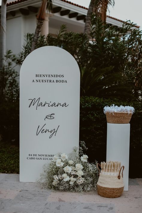 Everlasting Love Weddings | Wedding Planners in Cabo San Lucas Arch Engagement Decor, Wedding Welcome Party Ideas Decorations, Arch Wedding Signage, Wedding Arch Sign, Arched Wedding Welcome Sign, Standing Wedding Sign, Wedding Wooden Arch, Arched Welcome Sign, Standing Welcome Sign