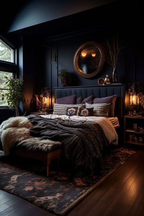 17 Dark And Moody Bedroom Ideas That Are Super Cozy Gothic Nature Aesthetic Bedroom, Black Attic Bedroom, Earthy Home Decor Ideas, Minimalist Goth Bedroom, Dark Bedroom Ideas For Couples, Seductive Bedroom Ideas Romantic, Bedroom Black Bed, Goth Bedroom Ideas, Dark And Moody Bedroom