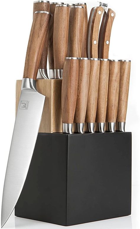 J&J Natura Series 15-Piece Kitchen Knife Set, High Carbon Stainless Steel with Block, Super Sharp, Durable Cooking Knife with Ergonomic Fraxinus Wooden Handle Sunflower Themed Kitchen, Cooking Knife, Florida Kitchen, Wooden Knife, Southern Kitchen, Kitchen Knife Set, Wood Knife, Cooking For Beginners, Kitchen Shears