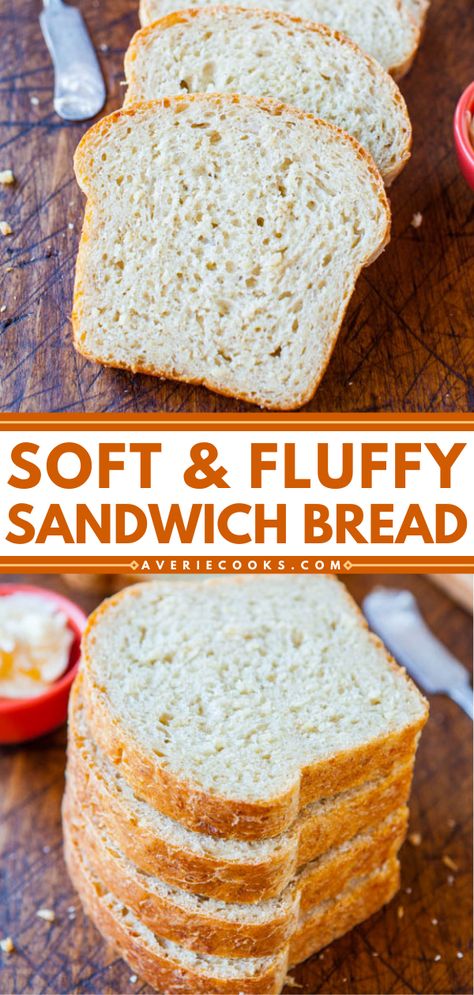 Homemade Sandwich Bread Recipe (Soft & Fluffy!) - Averie Cooks Easy Sandwich Bread Recipe, Fluffy Oatmeal, Homemade Sandwich Bread, Sandwich Bread Recipe, Sweet Bread Rolls, Vegan Bread Recipe, Homemade Sandwich, Sandwich Bread Recipes, Yeast Bread Recipes