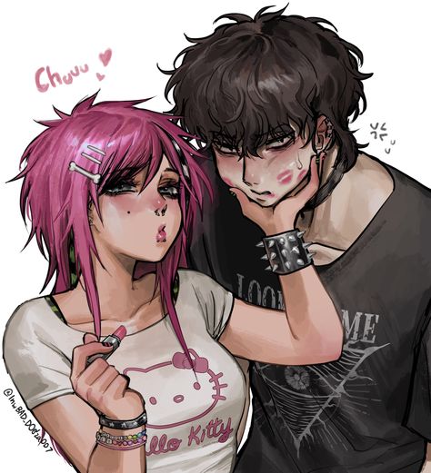 Scene Couple Drawing, Kiss Reference Art, Emo Cute Pfp, Scene Couple Art, Art Sketches Couple, Goth Couple Drawing, Emo Boy Art Drawing, Emo X Kawaii Couple, Kissing Ref Pose