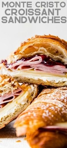 Monte Cristo Croissant Sandwich is a flaky croissant with melted Swiss cheese, decadent ham dipped in a raspberry jelly that will melt in your mouth with each bite! You will be in heaven with this sweet and savory sandwich! Croissant Monte Cristo, Croissant Leftovers, Monte Cristo Croissant, Crossiant Sandwich, Crossaint Sandwich, Croissant Pizza, Stuffed Croissants, Monte Christo, Croissant Breakfast Sandwich