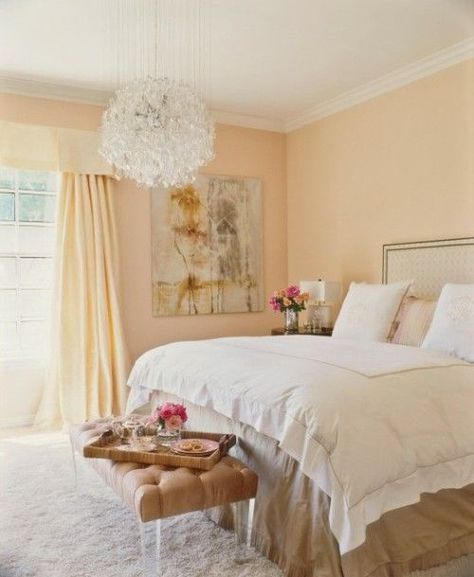 bedroom with Light peach color wall paint Light Orange Paint Colors, Peach Colored Rooms, Peach Paint Colors, Light Blue Paint Colors, Peach Rooms, Peach Bedroom, Orange Rooms, Peach Walls, Bedroom Orange