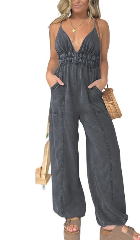 PRICES MAY VARY. 【PREMIUM FABRIC】The denim jumpsuit for women is made of soft and skin-friendly cotton fabric, that's lightweight and breathable, providing you a pleasant wearing experience. The Best Choice For Summer, Spring & Fall! 【STYLISH DESIGN】The women vintage smocked denim jumpsuit features sexy deep v-neck, adjustable spaghetti straps, stretchy high waist, wide leg design with drawstring, relaxed fit, 2 side pockets make this jean jumpsuit utility and stylish. This one piece outfits den Spaghetti Strap Jumpsuit, Winter Mini Dresses, Tencel Denim, Jumpsuit With Pockets, Fitted Jumpsuit, Mini Robes, Chic Outfit, 70 Dress, Komplette Outfits