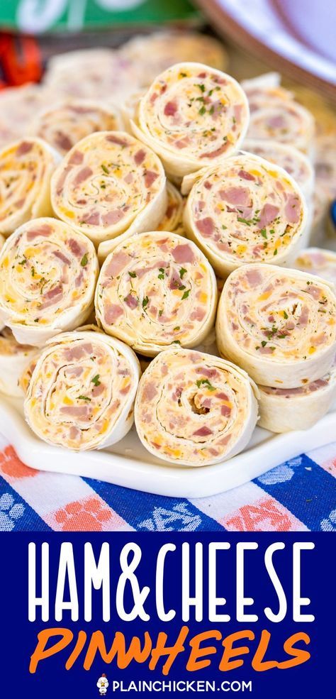 Ham & Cheese Pinwheels - I am ADDICTED to these sandwiches! All the flavors of my favorite Hot Party Ham Sandwiches wrapped in a tortilla.Cream cheese, ham, cheddar, swiss, Worcestershire sauce, dijon mustard, brown sugar, and onion powder wrapped in a tortilla. So simple to make. Can make ahead of time and refrigerate until ready to eat. Perfect for parties and tailgating!! #pinwheels #ham #tailgating #sandwich #partyfood Party Ham Sandwiches, Ham Cheese Pinwheels, Pinwheels Appetizers, Tortilla Pinwheels Recipe, Easter Appetizers Easy, Ham And Cheese Pinwheels, Pinwheel Sandwiches, Tortilla Pinwheels, Easter Food Appetizers